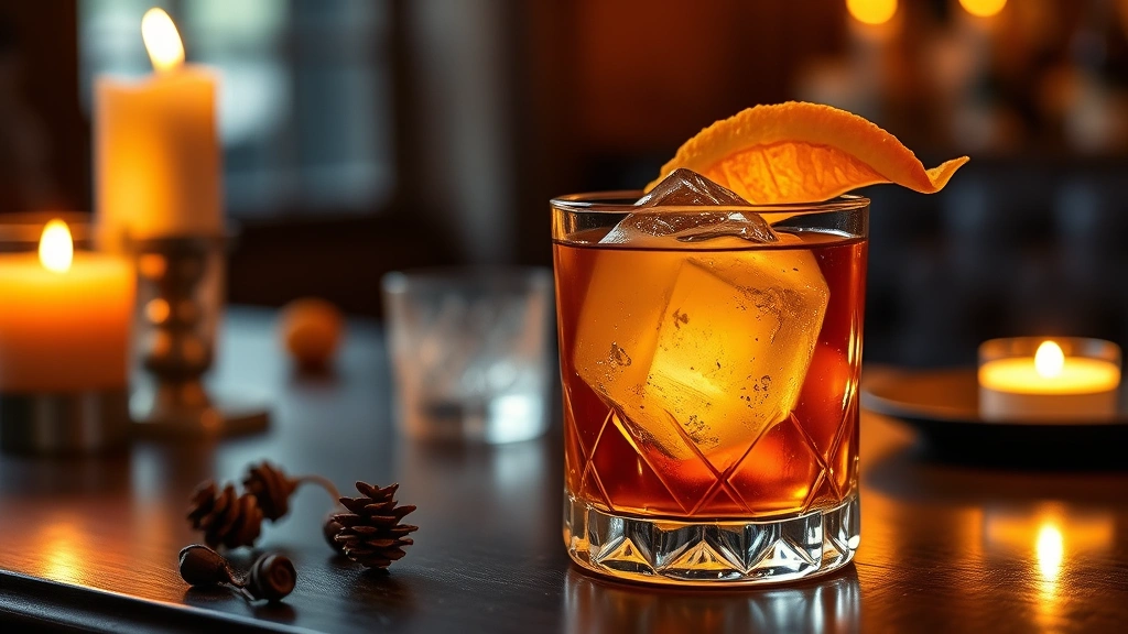 Finished maple old fashioned cocktail in rocks glass with single large ice sphere, twisted orange peel garnish, candlelit elegant table setting, warm amber liquid catching light