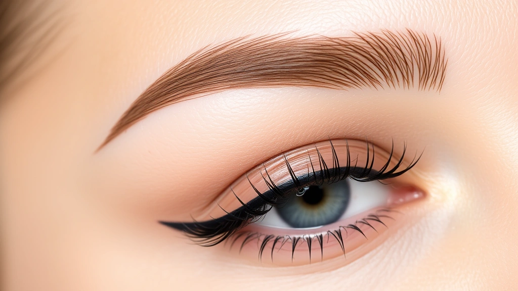 Detailed view of expertly groomed eyebrows with subtle arch, defined but natural-looking brow shape, paired with soft taupe eyeshadow, black eyeliner on upper lash line, separated mascara on upper lashes creating lifted eye appearance