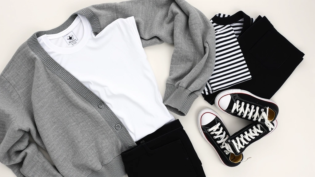 Flat lay arrangement of 90s essentials including a folded gray sweater, white t-shirt, black jeans, striped thermal, and black Converse sneakers, photographed from above with neutral background