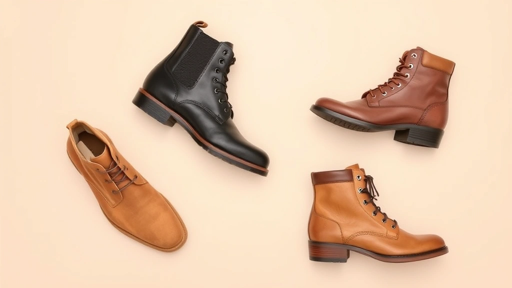Flat lay arrangement of three different men's boot styles—tan suede desert boot, black leather Chelsea boot, and tan work boot—displayed on neutral beige background, showcasing diverse boot textures and designs