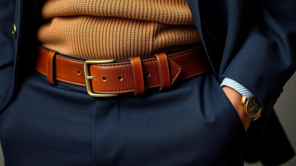 Close-up of men's fall fashion details: quality leather brown dress shoes, navy wool trousers, tan cashmere sweater texture, leather belt, professional grooming, studio lighting, high-quality materials visible