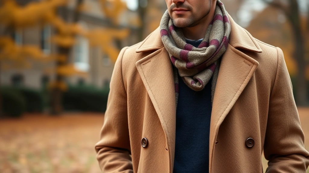 Man in camel wool overcoat over navy sweater and cream dress shirt, wearing leather gloves and wool scarf, outdoor fall setting with changing leaves, sophisticated autumn aesthetic, warm natural lighting