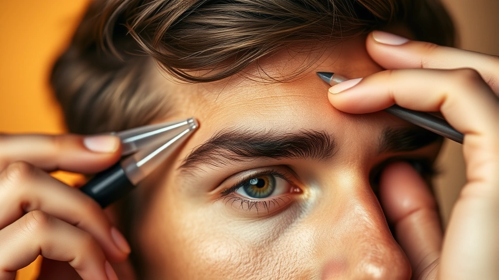 Male model demonstrating eyebrow grooming with a clear brow gel, showing definition and natural shape, focused on eye area with warm studio lighting
