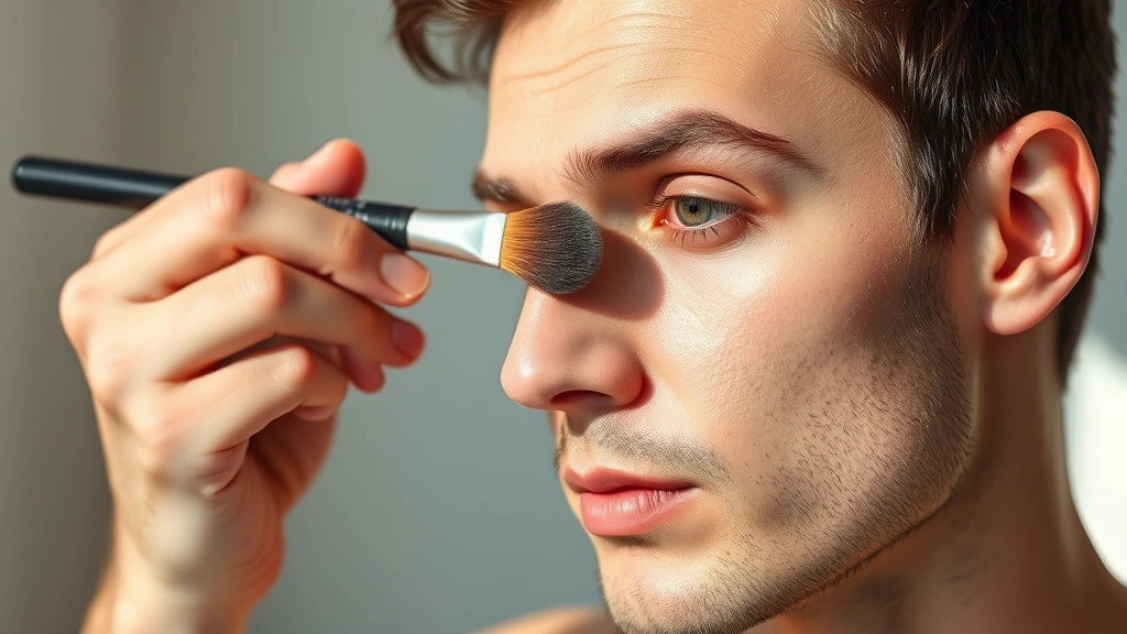 Man applying neutral brown eyeshadow with a blending brush, showing cream formula and professional application technique, side profile with natural lighting