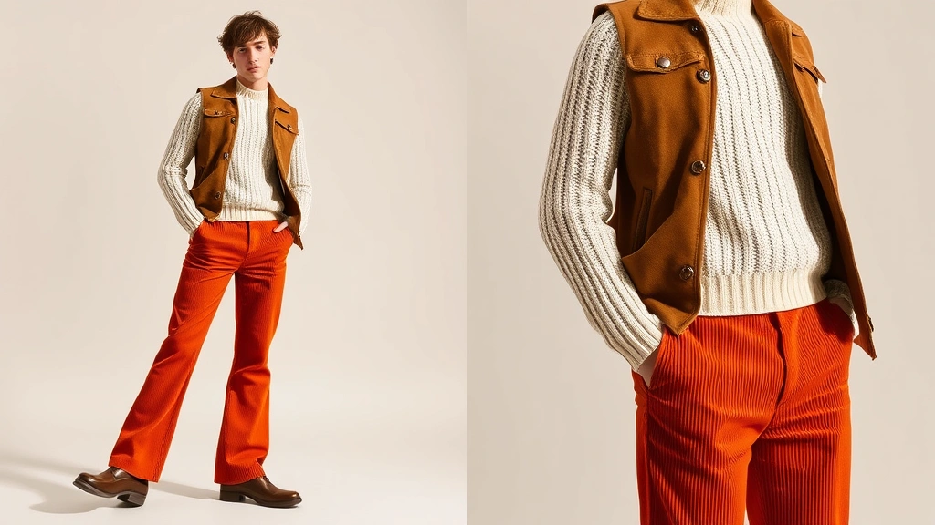 Man modeling flared rust-orange corduroy trousers with a fitted cream knit sweater, layered with a suede vest, wearing stacked platform boots, photographed in natural daylight with neutral background