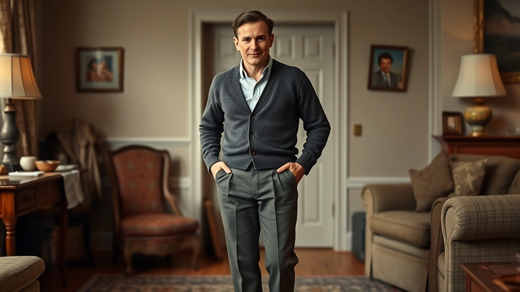 Gentleman in 1940s casual wear: wool cardigan sweater over oxford cloth shirt, high-waisted wool trousers, leather loafers, relaxed pose in warm home setting, authentic era styling
