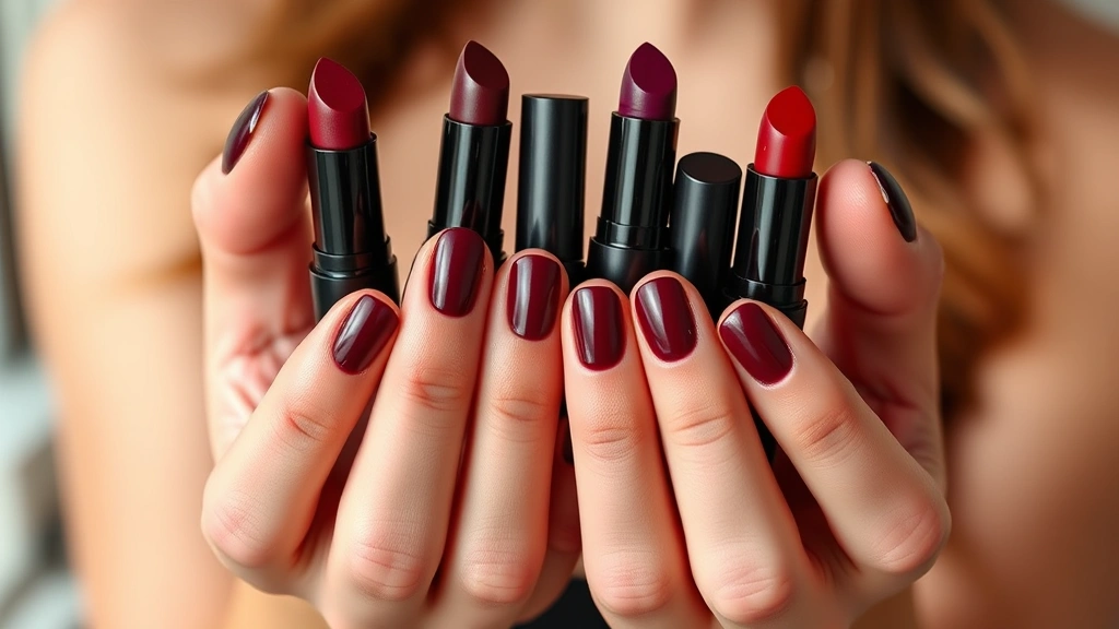 Hands holding multiple gothic lipstick shades including burgundy, plum, and oxblood red, swatched on different skin tones, professional makeup display, natural daylight, detailed product showcase