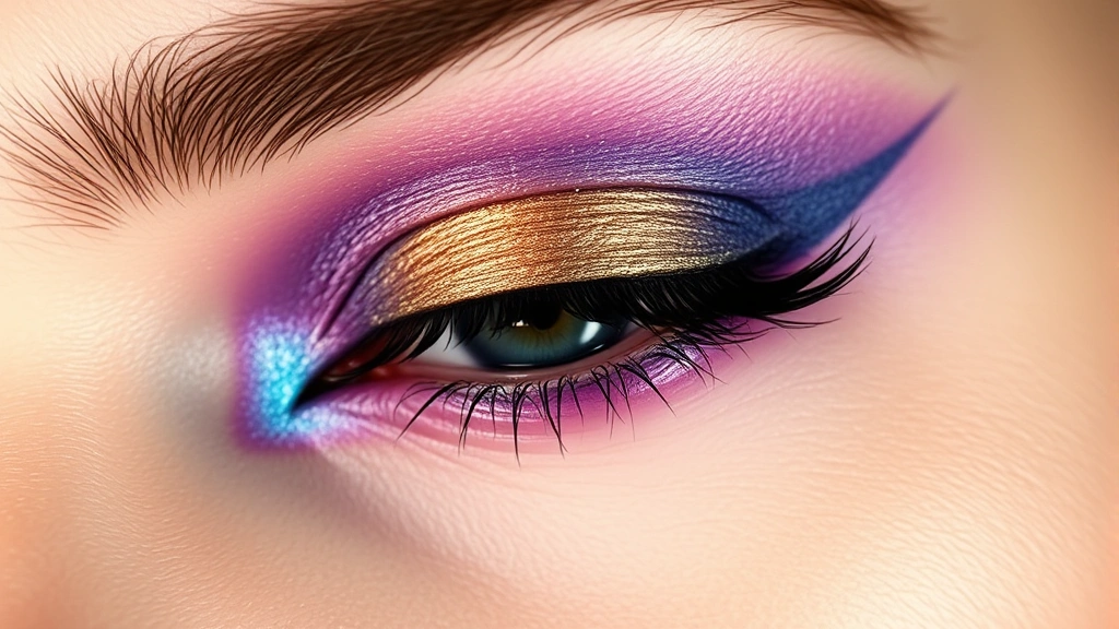 Close-up of artistic 80s eyeshadow application showing multiple jewel-tone colors (purple, blue, gold) blended on male eyelid with precision, demonstrating technique and color intensity