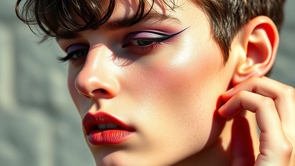 Male model showcasing complete new wave 80s makeup look with precise liquid eyeliner wing, matte purple eyeshadow, nude-pink lip color, pale complexion, androgynous aesthetic in natural daylight