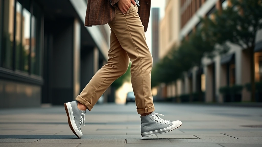Man styling high-top canvas sneakers with cropped khaki trousers and a casual blazer, full body shot from the side, showing how sneakers integrate into elevated casual outfits, outdoor urban setting with soft natural light, photorealistic lifestyle photography