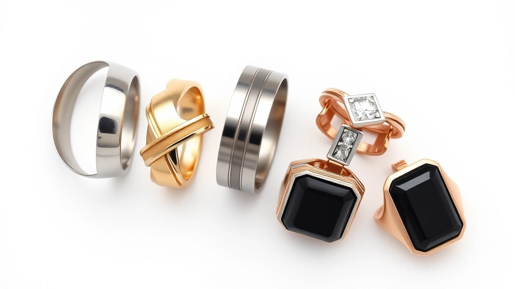 Overhead flat lay of five different men's rings in various metals and styles arranged in a row: minimalist silver band, gold statement ring, stainless steel design, rose gold ring, and black onyx piece