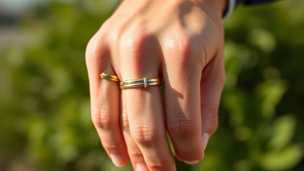Man's hand wearing three stacked minimalist rings in mixed metals on ring and middle fingers, natural daylight, casual lifestyle setting showing ring layering technique in action
