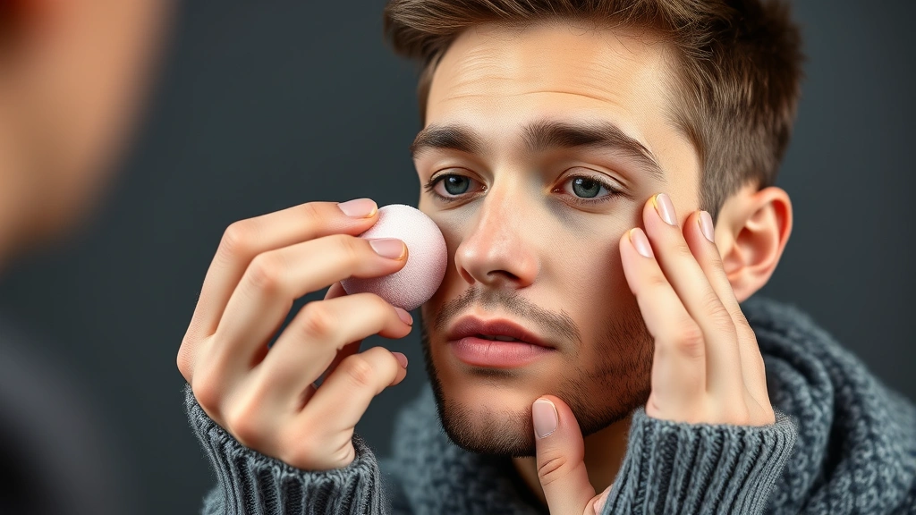 Man applying hydrating primer with damp beauty sponge to prepared moisturized skin, demonstrating winter makeup application technique with careful precision