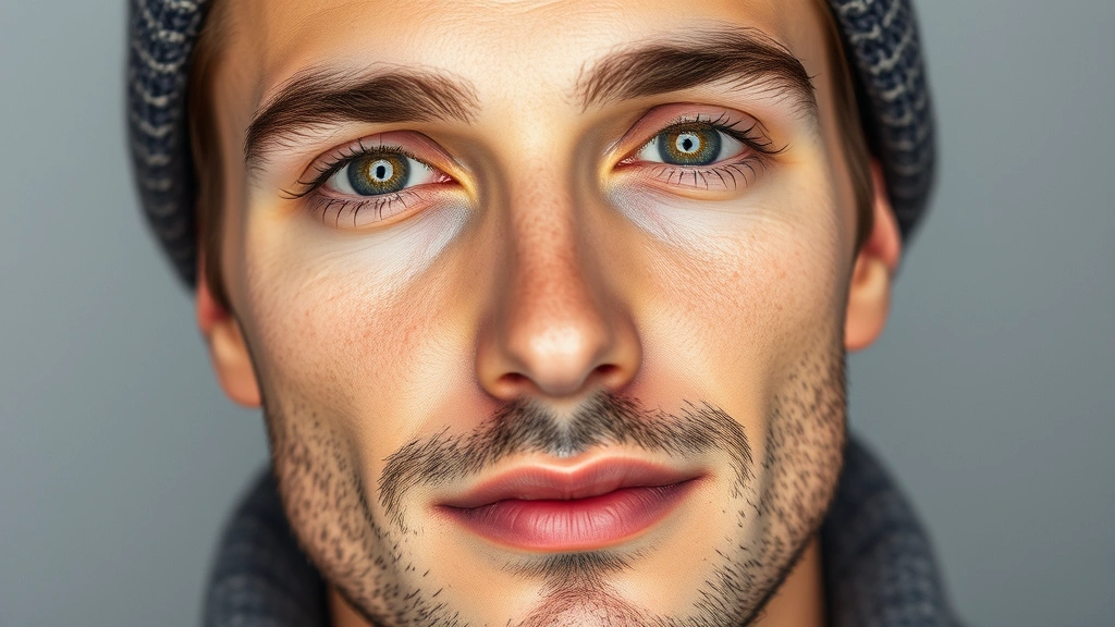 Well-groomed man's face showing completed winter makeup with natural-looking coverage, healthy glow, and defined features in neutral background, professional beauty photography