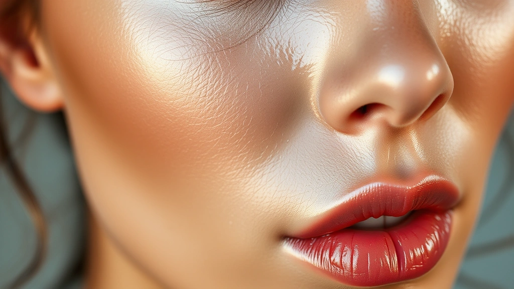 Close-up of model's face with luminous dewy glass skin, perfectly blended foundation with wet-look finish, natural lighting highlighting skin texture and glow, professional makeup artistry