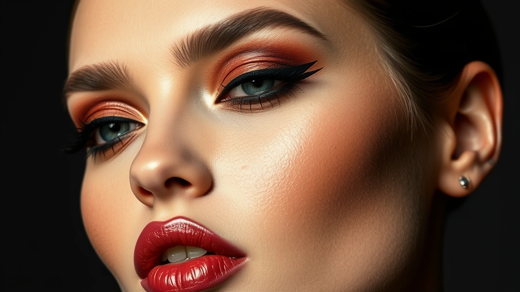 Editorial eye makeup featuring bold geometric graphic eyeliner design in black liquid liner, sculpted brows with precise arch definition, monochromatic eyeshadow in bronze tones creating dimension