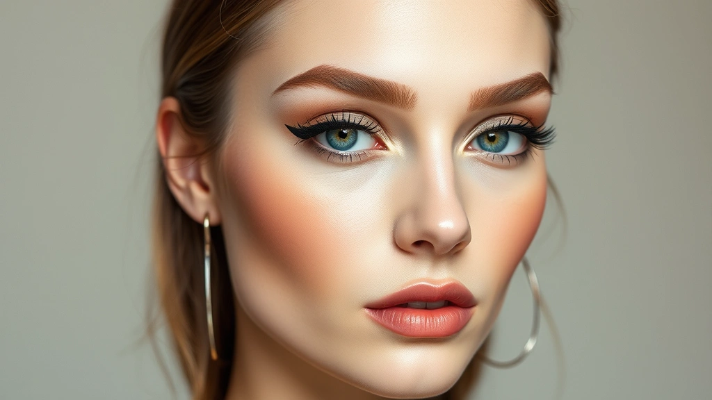 Full face makeup featuring dewy complexion, graphic winged eyeliner detail, defined sculpted brows, neutral nude lip color, professional runway makeup photography with studio lighting
