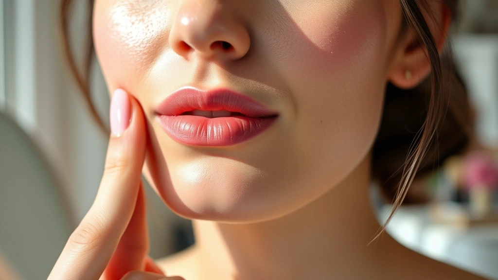 Close-up of woman with glowing skin applying cream blush with fingertip, natural window lighting highlighting radiant complexion with barely-there makeup, soft focus background showing minimal vanity setup