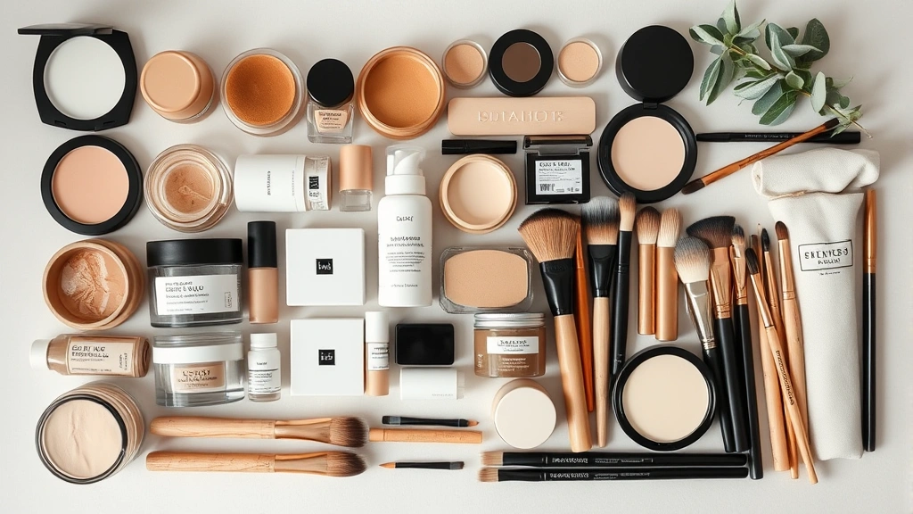 Overhead view of organized minimalist makeup collection in neutral tones: glass jars, recyclable packaging, bamboo brushes, and sustainable beauty tools neatly arranged showing curated aesthetic and eco-conscious lifestyle