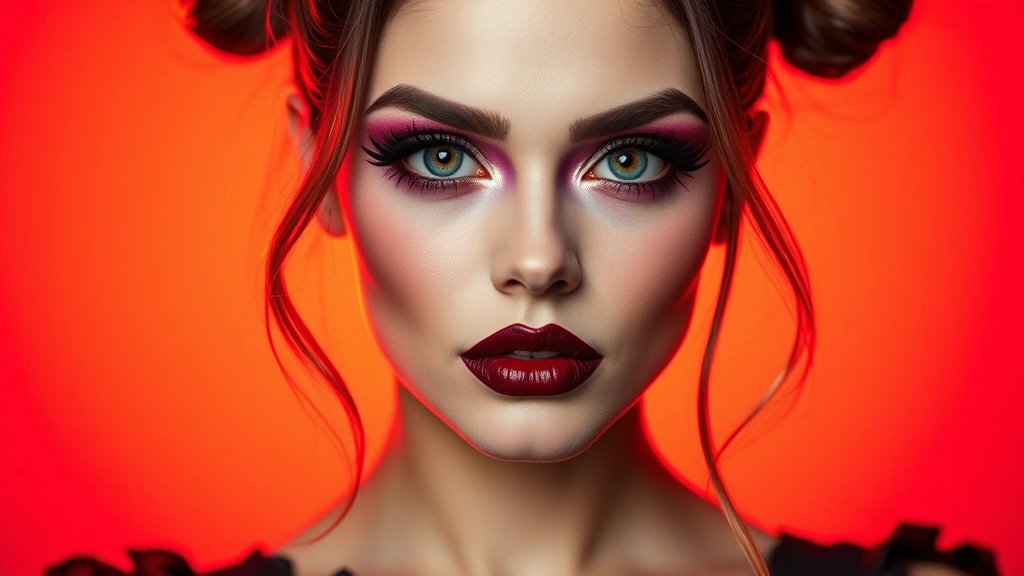 Model wearing full Clawdeen-inspired makeup with deep burgundy lips, bold eyeliner, and highlighted inner corner, direct front-facing portrait with warm studio lighting