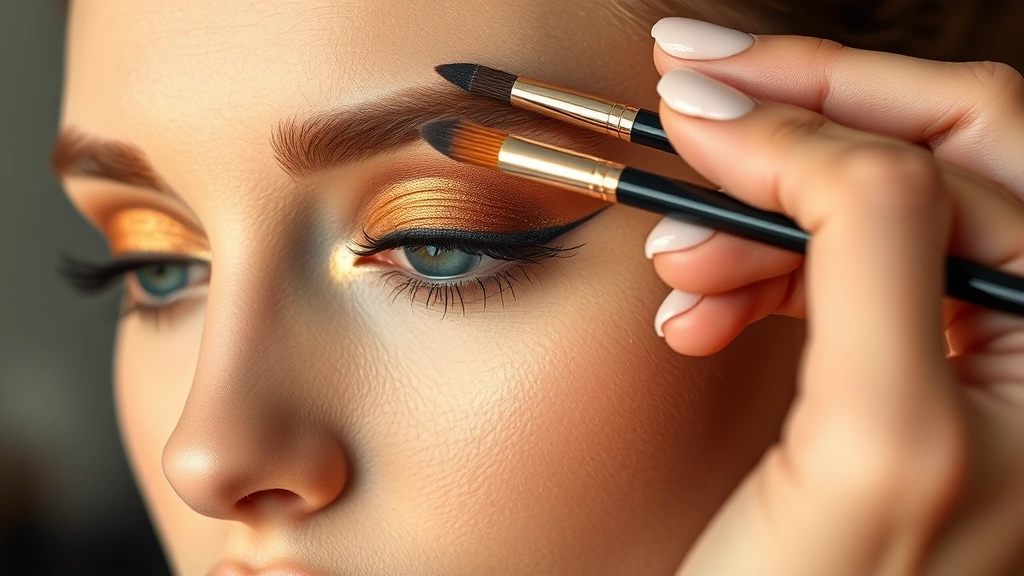 Detailed shot of a makeup artist's hands applying bronze highlight to a model's brow bone area using a small tapered brush, showing precision technique against warm-toned eyeshadow