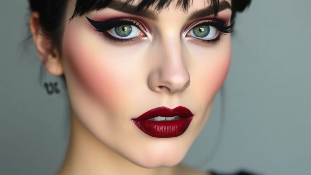 Full face portrait of complete Draculaura makeup look featuring pale foundation, smoky eye makeup with black eyeliner heart detail, and dark wine-red lips with glossy finish on a model with black hair
