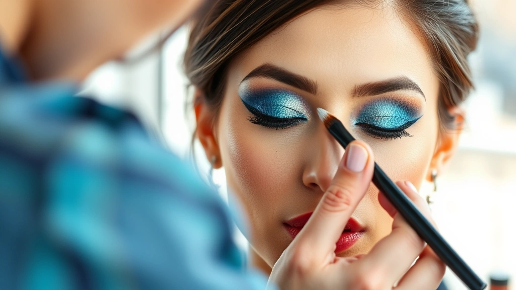 Makeup artist applying blue and teal iridescent eyeshadow with brush on model's eyelid, demonstrating blending technique, natural window lighting, cosmetic products visible