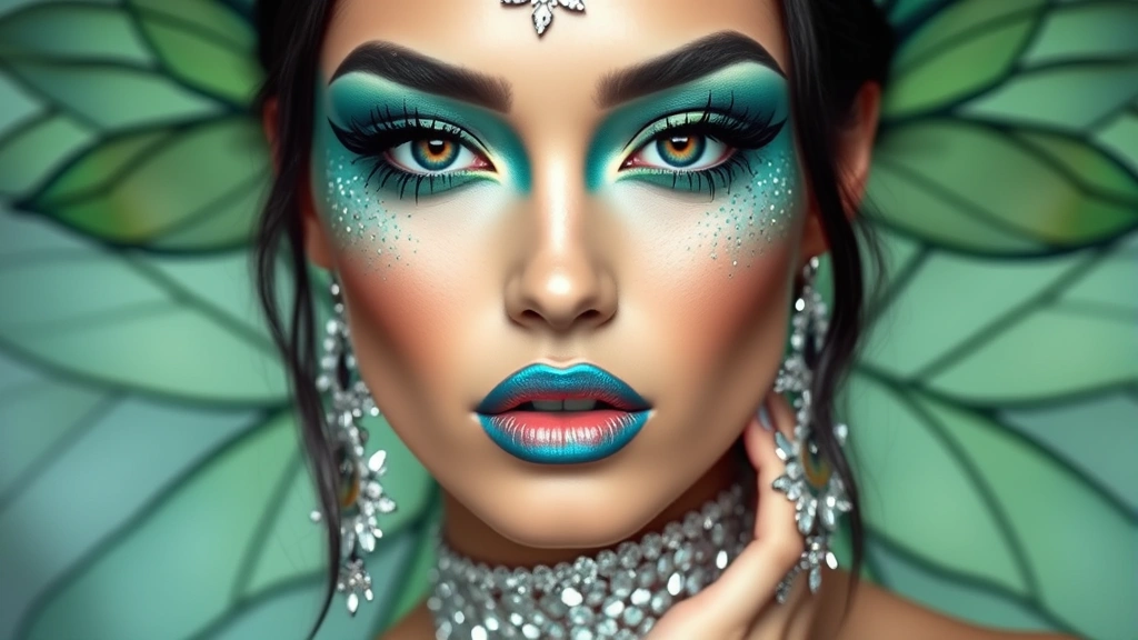 Full face of dramatic fairy-inspired makeup featuring green and blue color blocking with metallic accents, model wearing sparkly accessories, glamorous editorial style photography