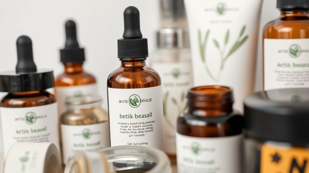 Close-up of sustainable beauty products: glass containers, eco-friendly packaging, plant-based ingredients visible, Arctic botanicals, minimalist design, professional product photography, clean beauty concept