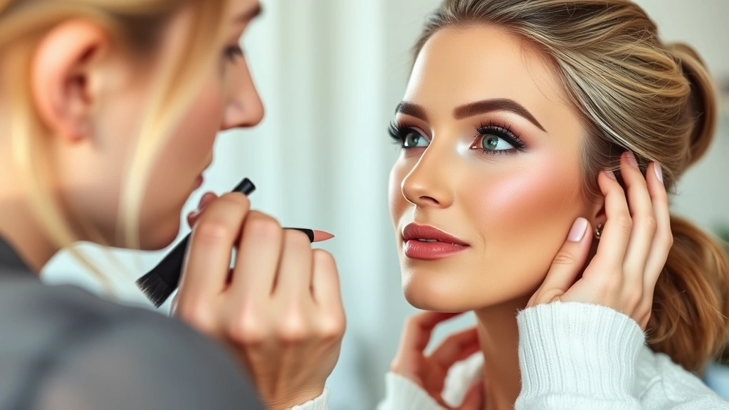 Makeup artist applying Nordic-style makeup: precision technique, cream blush application, natural lighting, professional setting, diverse skin tone, demonstrating skincare-first approach, tutorial-style photography