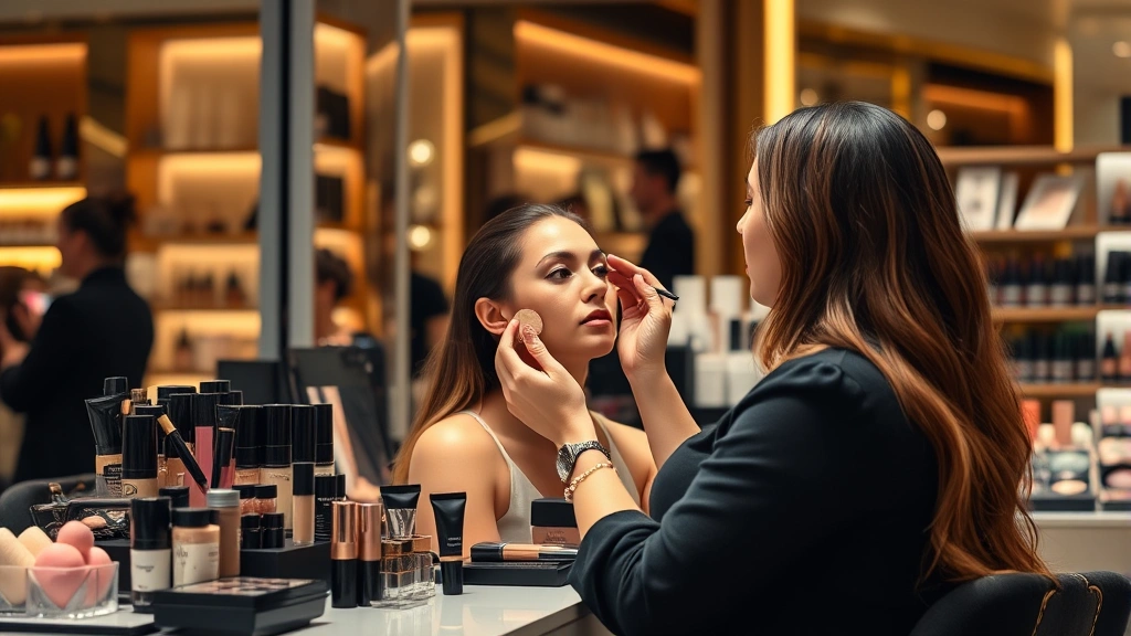 High-end luxury makeup counter with professional makeup artist applying foundation to client's face, featuring premium cosmetics brands, warm lighting, professional setting