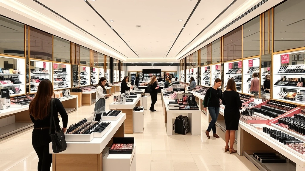 Elegant department store beauty section with multiple makeup counters, organized cosmetics displays, professional makeup artists assisting customers, modern retail environment