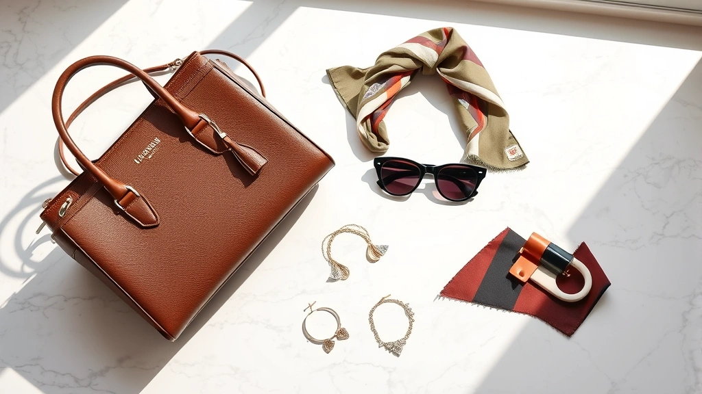 Luxurious fashion styling flatlay featuring designer handbag, silk scarf, quality sunglasses, and jewelry on neutral marble surface with natural window lighting, high-end retail aesthetic