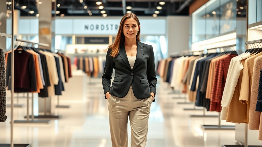 Professional woman wearing perfectly tailored blazer and neutral trousers standing in modern Nordstrom store interior with designer clothing racks visible, sophisticated retail environment