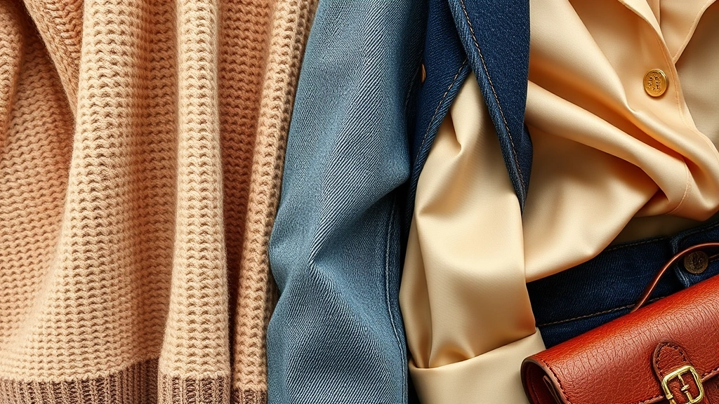Closeup of premium fashion fabrics and textures including cashmere sweater, structured denim, silk blouse, and leather accessories artfully arranged showing quality materials and craftsmanship details