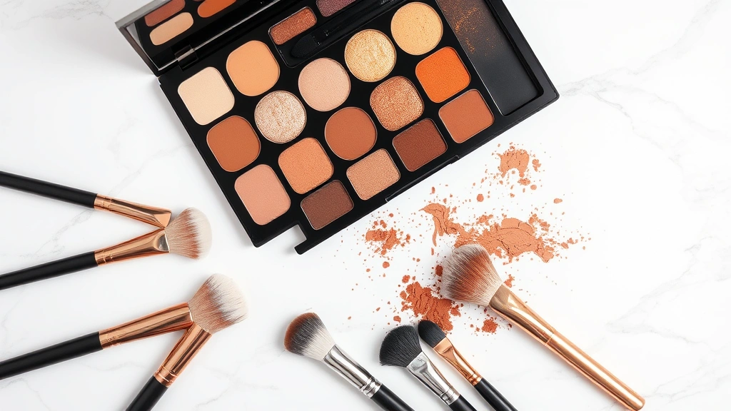 Array of luxury eyeshadow palettes and makeup brushes arranged artfully on white marble surface, showcasing shimmer and matte finishes in warm tones