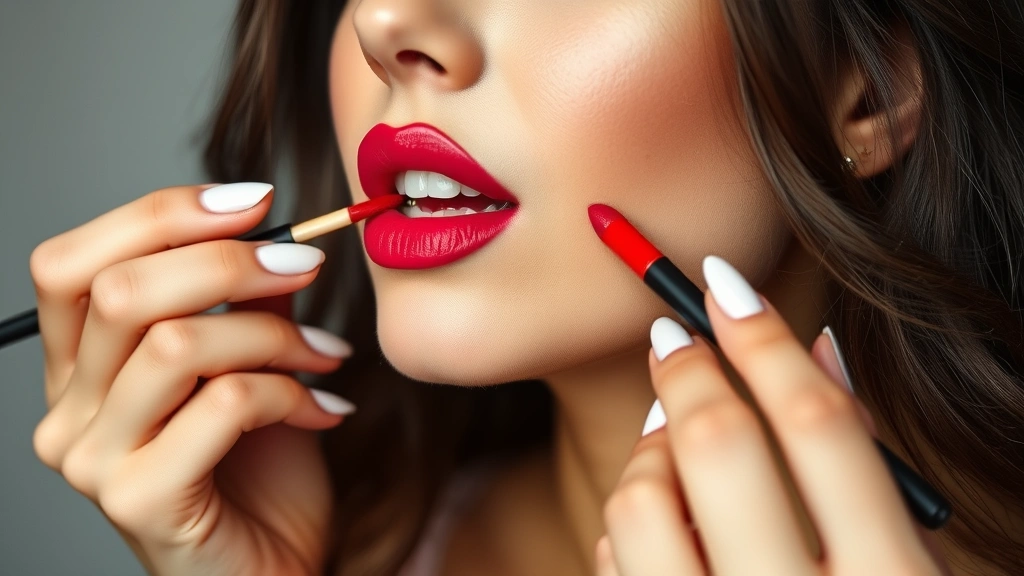 Woman applying vibrant liquid lipstick with precise applicator brush, showing bold lip color application and finished glossy texture on lips