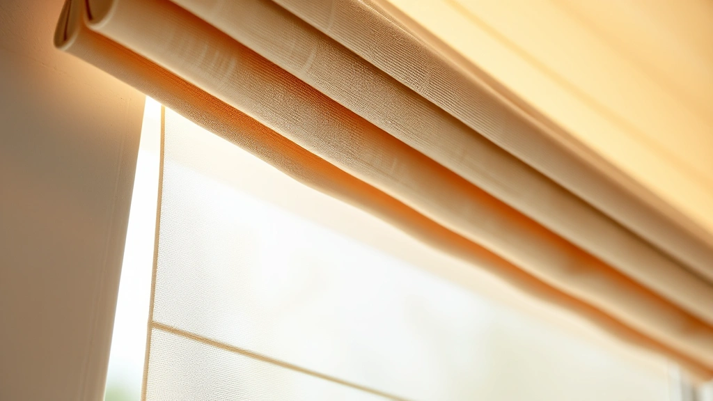 Close-up detail of roman shade fabric texture in warm neutral tone, showing elegant soft folds and stitching, natural window light creating subtle shadows on the material