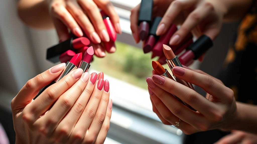 Close-up of diverse hands holding multiple lipstick tubes in warm and cool tones arranged in gradient display, natural window lighting, makeup artistry focus