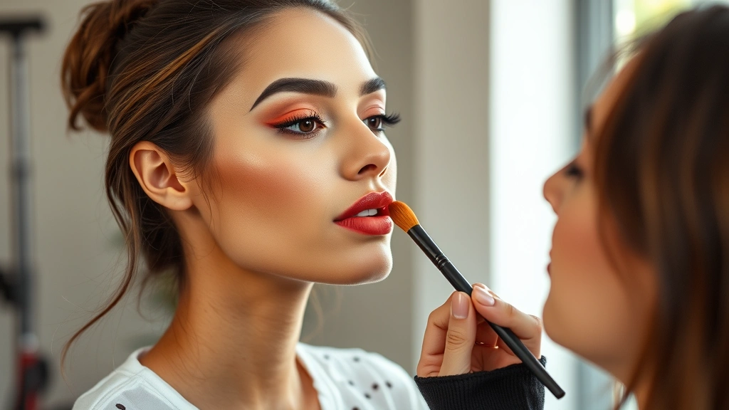 Professional makeup artist applying warm coral lipstick on model with medium skin tone, detailed lip application with brush, natural lighting studio setting