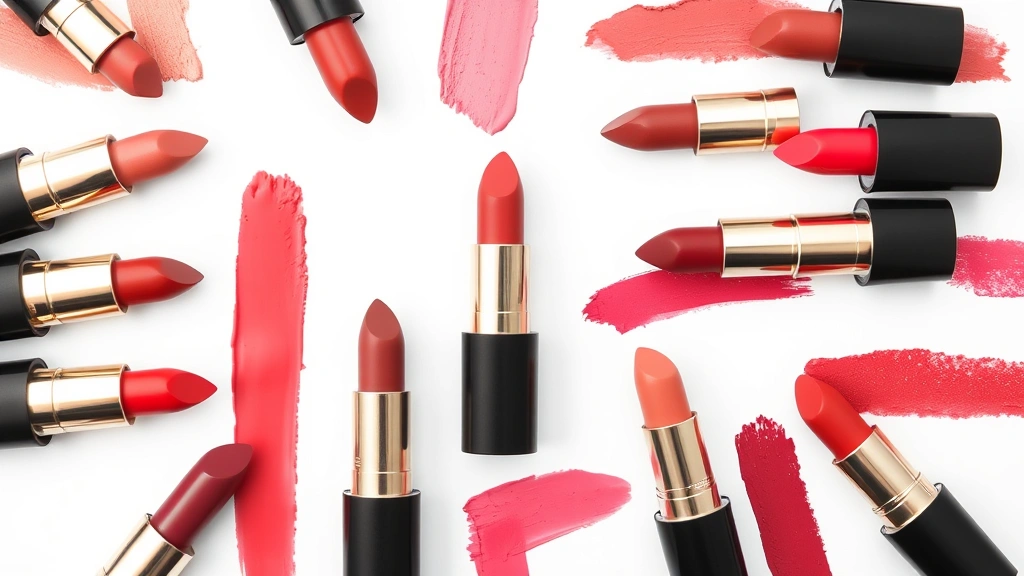 Flat lay collection of lipstick shades ranging from fair to deep skin tones showing matte satin and glossy finishes, color swatches visible, professional beauty photography