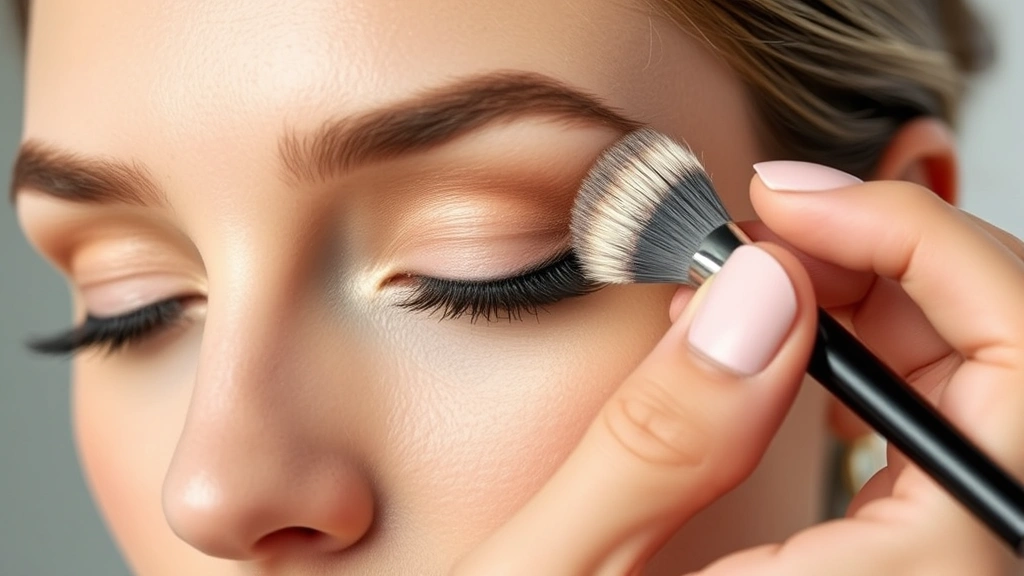 Close-up of a makeup artist's hands applying neutral eyeshadow primer to a model's eyelid using a fluffy blending brush, professional lighting, natural skin tone visible