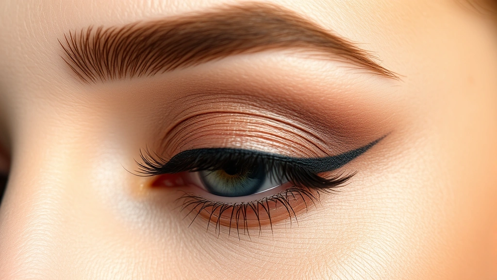 Detailed view of a woman's eye showing perfectly blended eyeshadow in warm neutral tones with defined crease, dewy skin, and professional makeup application