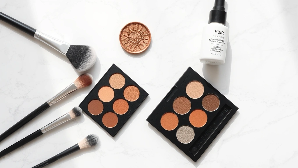 Flat lay arrangement of essential eyeshadow brushes, eyeshadow palette with multiple shades, and primer bottle on a marble surface with soft natural lighting