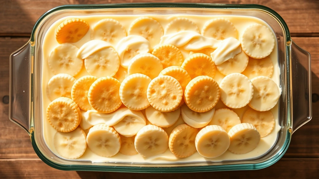 Overhead view of layered banana pudding assembly showing creamy custard, fresh banana slices, and vanilla wafer cookies in distinct layers in a clear glass baking dish, natural daylight