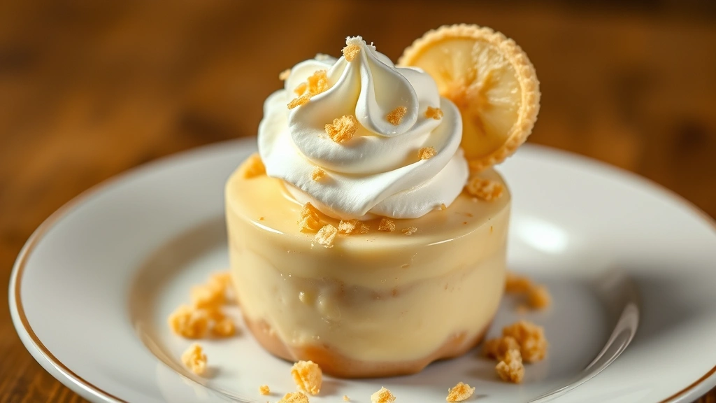 Finished banana pudding dessert topped with fluffy whipped cream, garnished with thin banana slice and crushed vanilla wafer crumbs, elegant plating, warm studio lighting, professional food photography