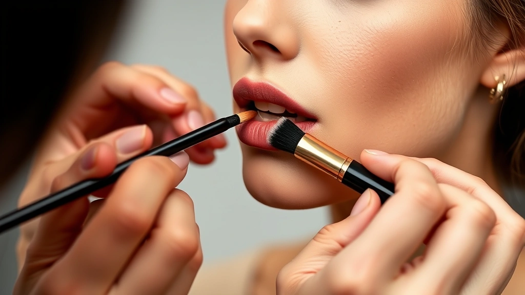 Professional makeup artist carefully applying nude matte lipstick with a precision brush, showing proper application technique on client's lips