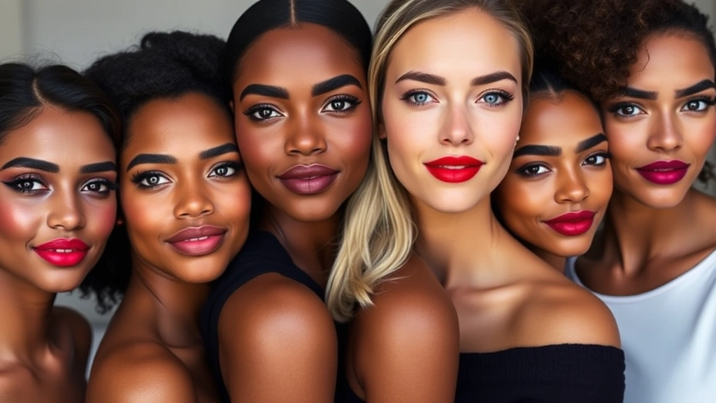 Diverse group of women displaying various matte lipstick shades from berry to warm red tones, showing different skin tones and color options