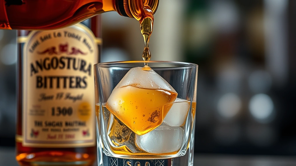 Close-up of amber-colored Angostura bitters bottle with liquid dripping from the dash bottle top into a crystal rocks glass containing sugar cube and ice, professional bar lighting, shallow depth of field