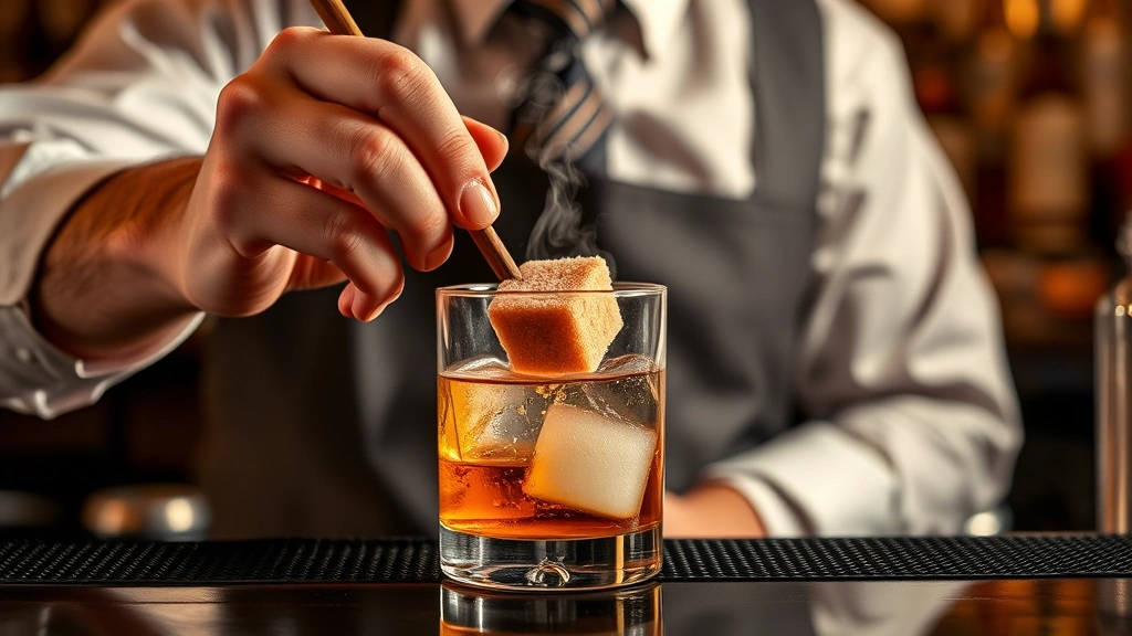 Professional bartender hands muddling sugar cube with aromatic bitters in mixing glass using wooden bar spoon, steam rising, warm bar ambiance, focus on technique and precision